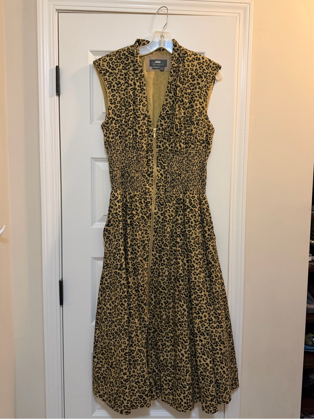 Anthropologie Leopard Print Zip-Front Sleeveless Midi Dress